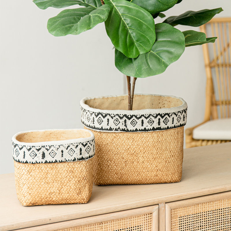 Set Of 2 Rectangular Basket Planters With Geometric Trim, L:10.5x8.5x8" S:7.5x5.5x6.5"
