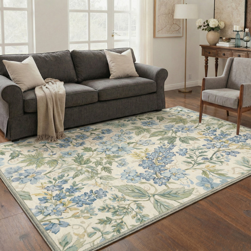 Aura Floral Machine Washable Blue/Beige/Green Indoor Area Rug With Non-Slip Backing, Rectangle 6' x 9', Blue/Green