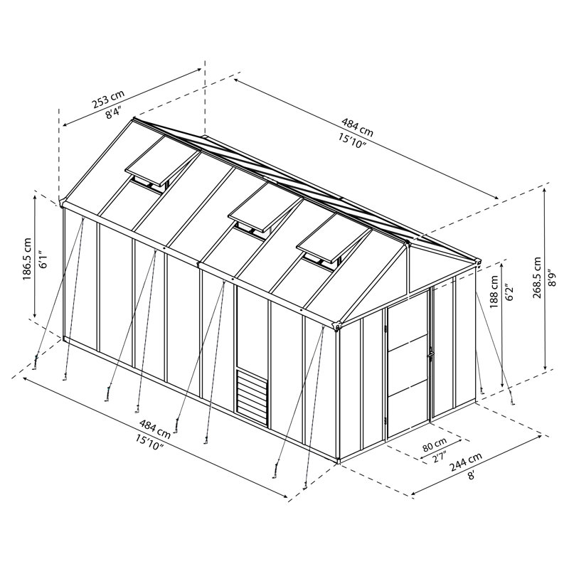Palram - Canopia Glory 8' W x 16' D Premium Walk-In Hobby Twin Wall Polycarbonate Aluminum Frame Greenhouse Kit with Roof Vents - Gray
