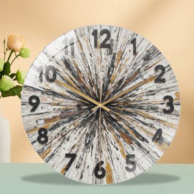 12-Inch Silent Tempered Glass Wall Clock, " Abstract  Face Radiating Outwards ” Silent Non-Ticking Clock, Battery Operated (AA Batteries Not Included), Artistic Home Decor