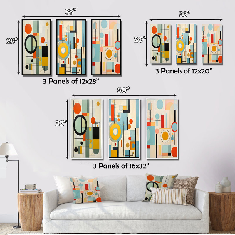 «Colorful Mid Century Mod Geometrics», 3 pièces sur toile, Cadre naturel flottant, H 32 po x l 48 po