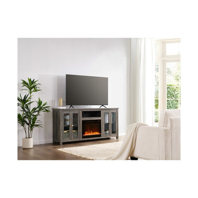 Meuble télé avec foyer et lumières DEL au fini noyer gris