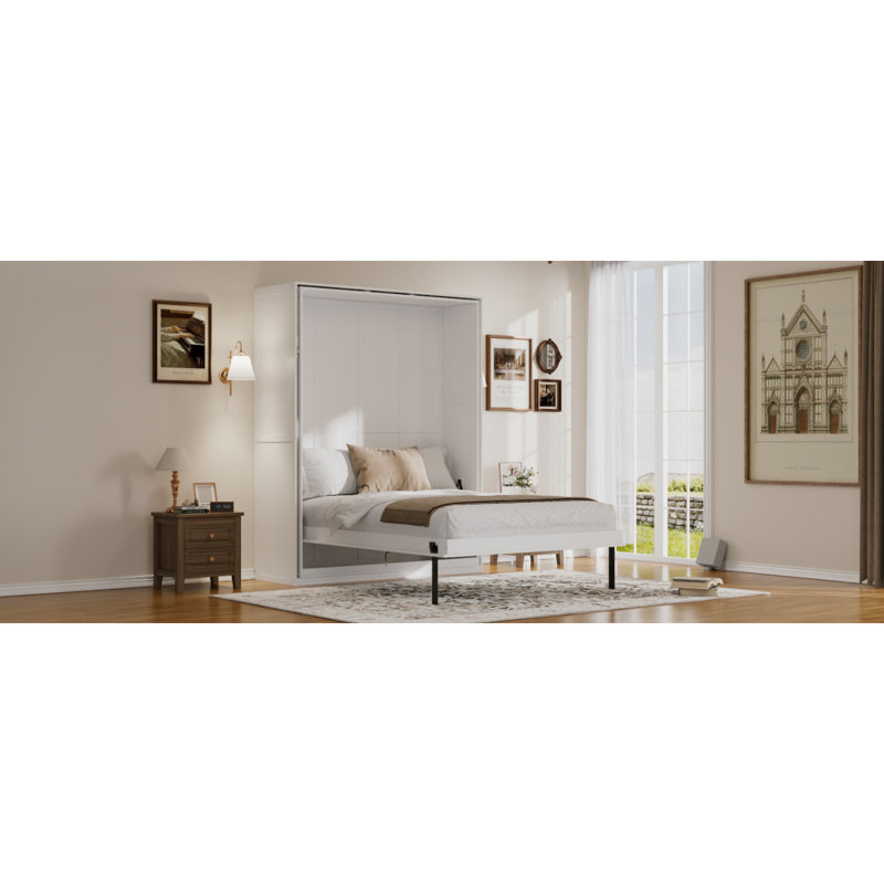 Grand lit escamotable rotatif avec supports de rangement cachés, lit mural multifonctionnel peu encombrant pour le bureau à domicile et les petites pièces, blanc