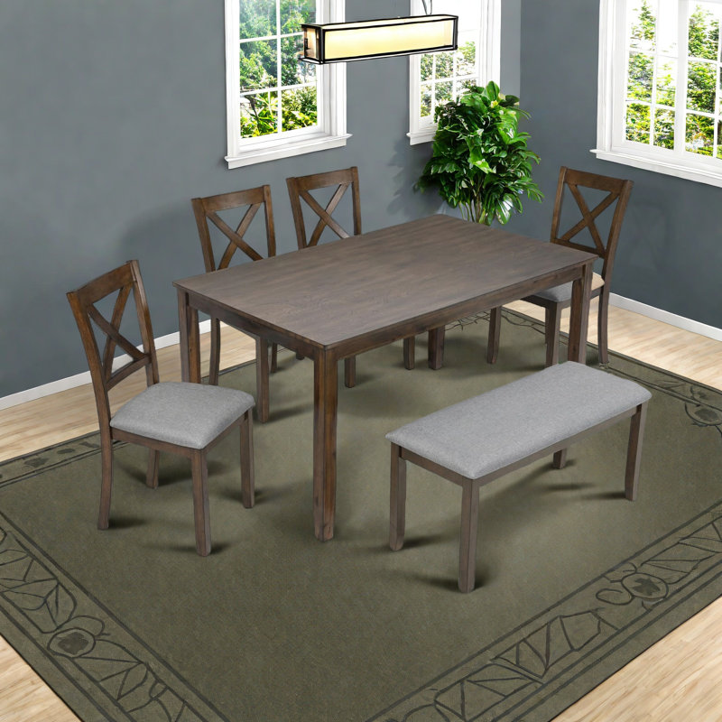 Ensembles de table de salle à manger, ensembles de table et chaises de cuisine 6 pièces, ensembles de chaises de table de salle à manger en bois avec table de salle à manger rectangulaire, 4 chaises rembourrées en forme de X et un banc pour 6 personn