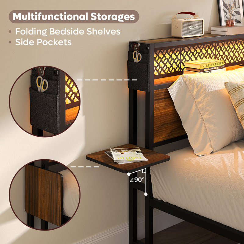Full Size Walnut Metal Bed Frame with LED Storage Headboard