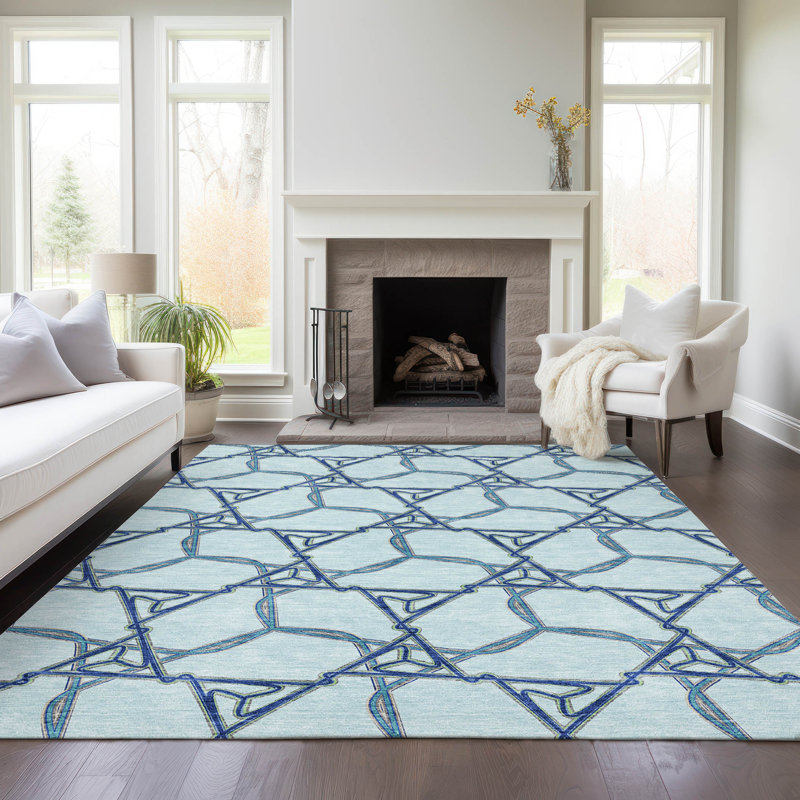 Sky Blue Geometric Synthetic Rectangular Indoor/Outdoor Rug 3x5