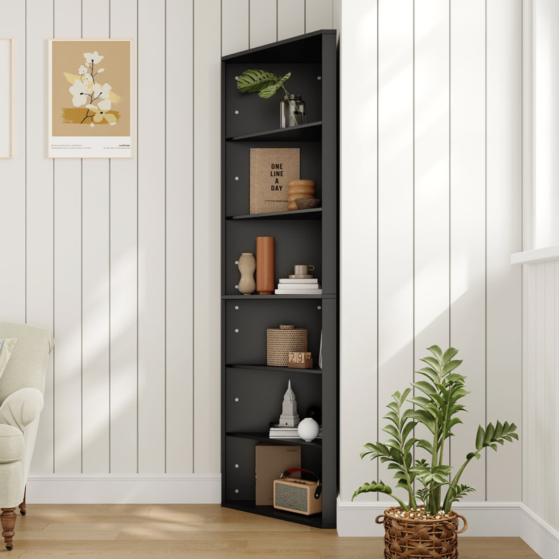 Étagère d'angle à 6 niveaux avec tablette réglable, bibliothèque de coin de 68 po de hauteur, étagère de rangement autoportante pour salon, bureau, cuisine, salle de bain, petit espace, noir