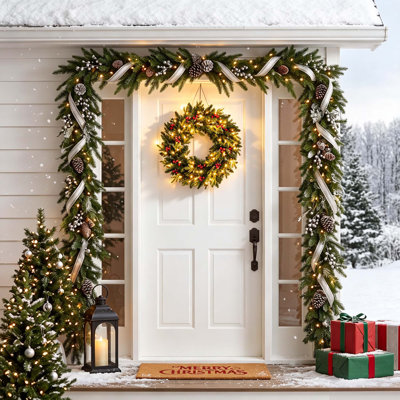 Pinecone & Berry 24" Pre-Lit Christmas Wreath for Front Door, Wall, or Mante