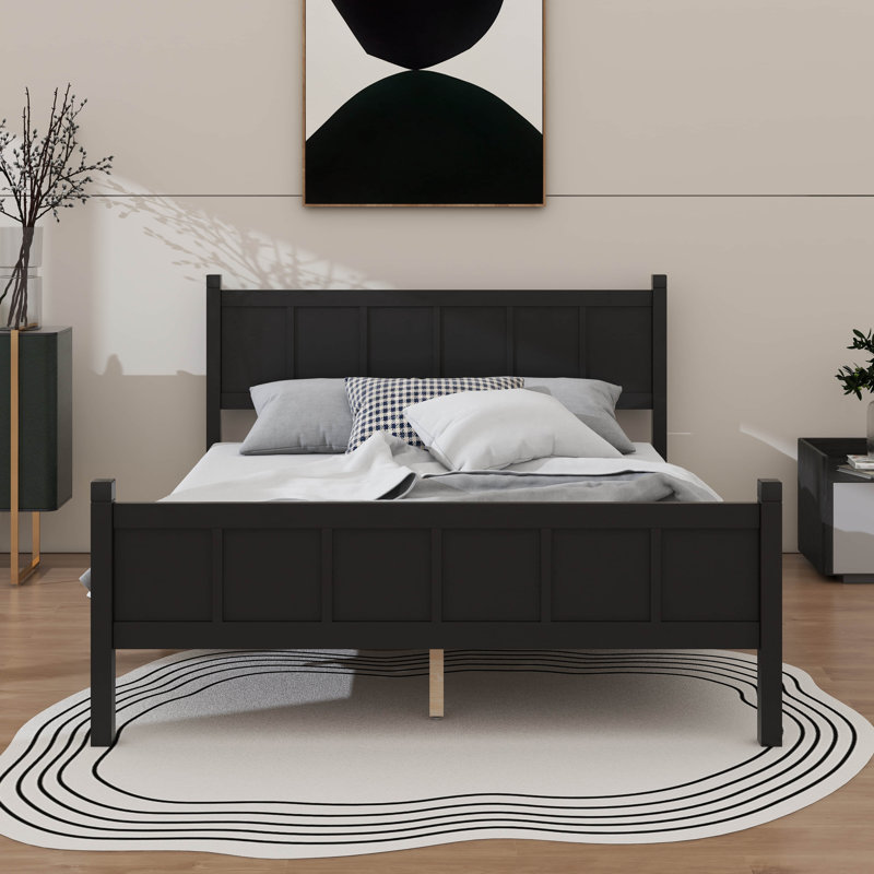 Lit à panneau plat avec tête et pied de lit, lit plateforme avec finition grain de bois, style shaker et style campagnard