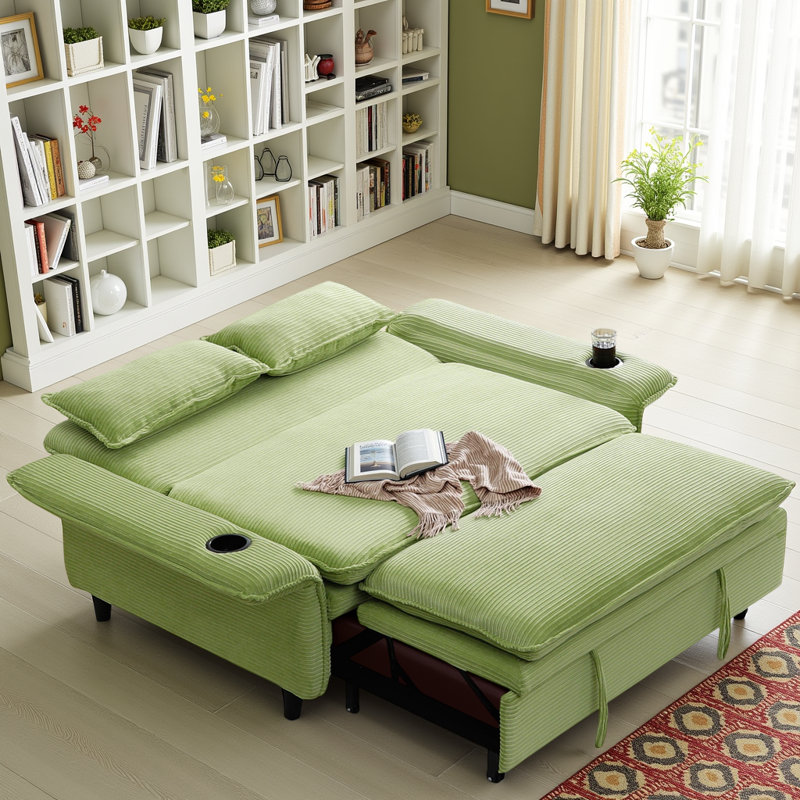 Multi-Functional 65.7" Adjustable Sofa Bed with Pull-Out Sleeper, 2 Soft Pillows and 2 Cup Holders, Green