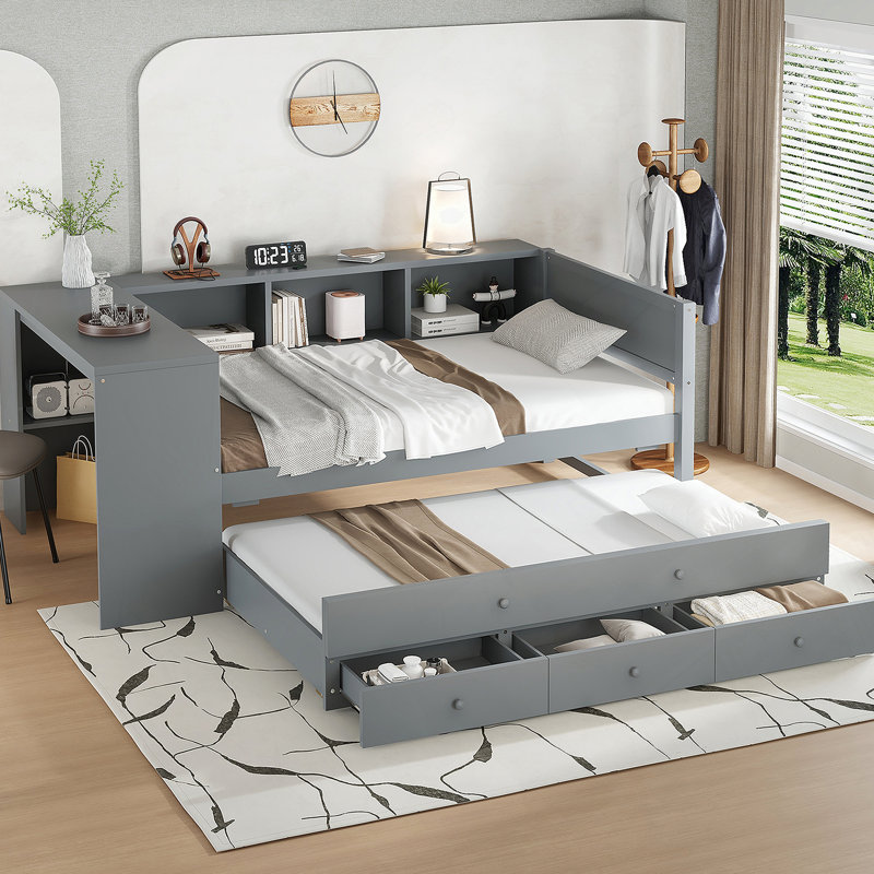 Lit de jour fonctionnel avec lit gigogne, tiroirs de rangement intégrés, tablettes latérales et bureau, idéal pour économiser de l'espace et une vie confortable
