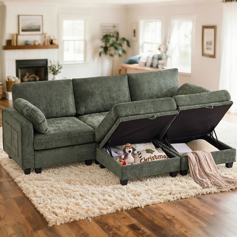 5 - Piece Chenille Modular Sectional Sofa Couch With Storage Ottomans, Green