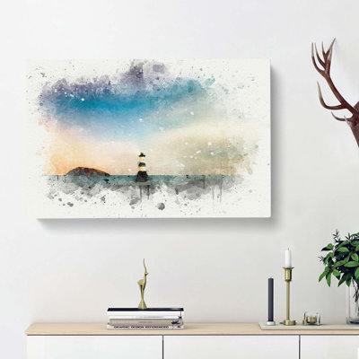 Lighthouse & Seascape At Dusk In Abstract - Wrapped Canvas