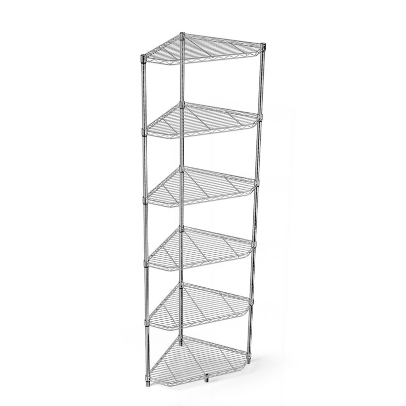 Étagère de coin en métal à 6 niveaux Tablettes pentagonales Étagères de rangement en métal réglables en métal robustes et autoportantes pour salle de bain, salon, cuisine - Chrome