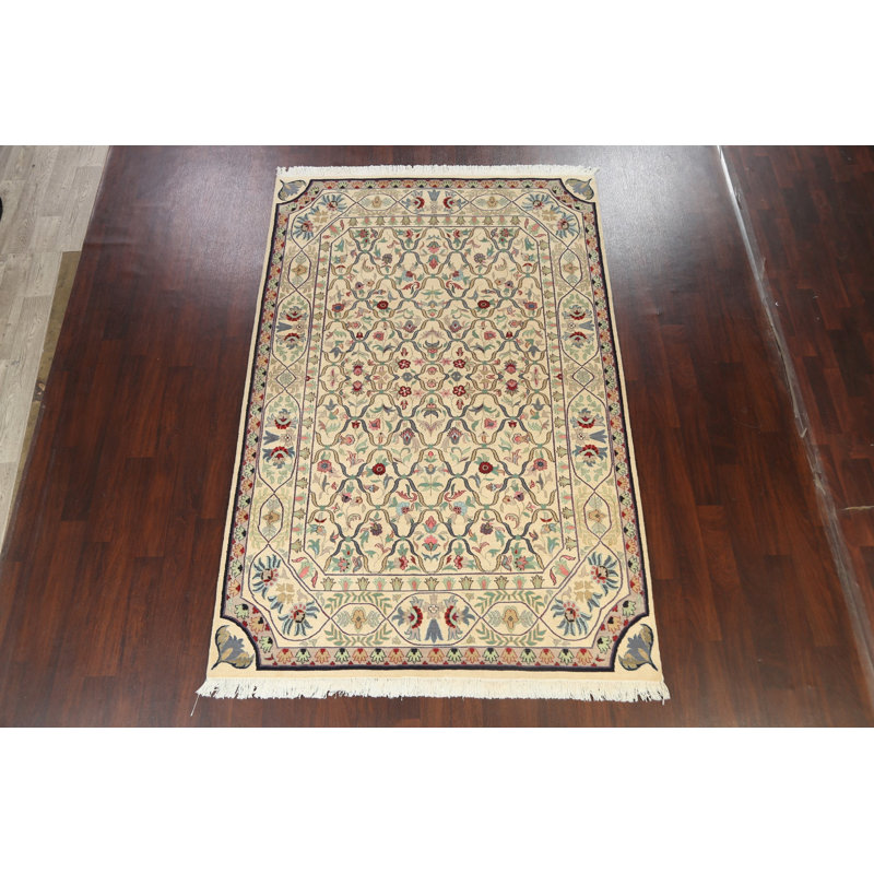 Tapis ivoire en laine noué à la main de conception unique 6 pi 2 po x 9 pi 4 po