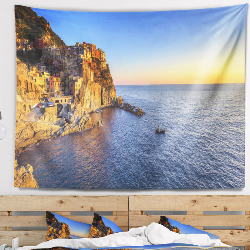 Paysage, paysage, village, plage, tapisserie, tapisserie, H 32 po x l 39 po