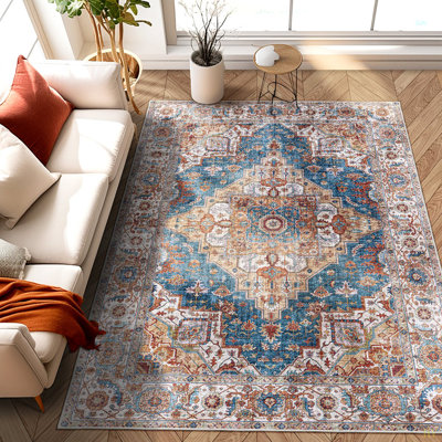 Area Rug 5X7 Vintage Bohemia Large Persian Non-Slip Washable Rug For Living Room Kitchen Bedroom Living Room Flower Design