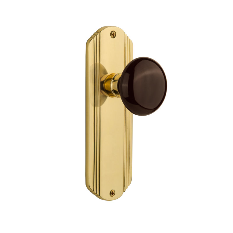 Deco Plate with Brown Porcelain Door Knob, Polished Brass, 2 3/8