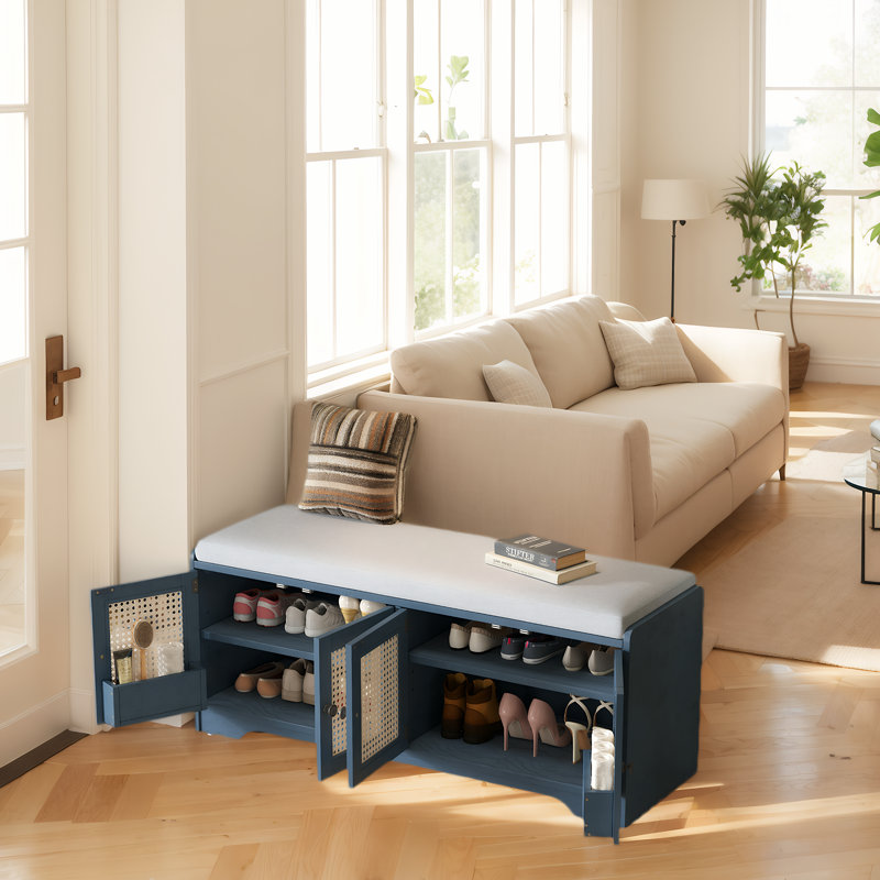 Shoe Storage Bench with Removable Cushion, and Adjustable Shelves, Gray Wash