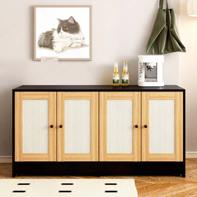 Double bac à litière, bac à litière pour 2 chats, meubles cachés pour litière avec portes en rotin, L 47 po x l 19,8 po x H 21,8 po, noir