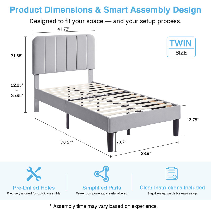 Bedias Set of 2 Twin Upholstered Platform Bed, Velvet Bed Frame with Vertical Channel Adjustable Headboard, Wooden Slats Support, No Box Spring Needed, Noise Free, Light Gray