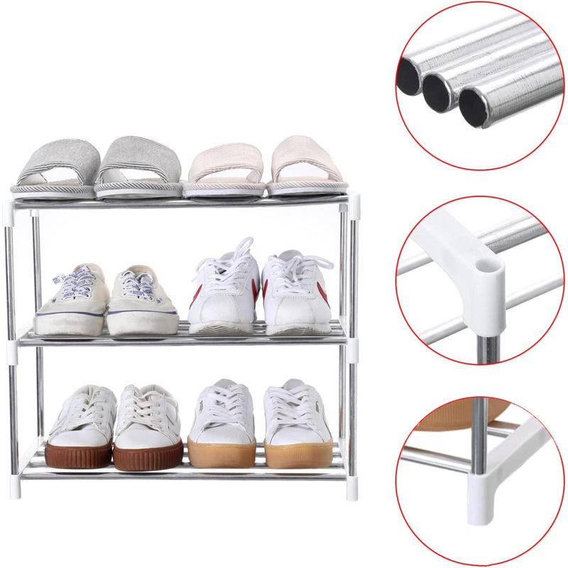 White and Silver Stackable 4-Tier Metal Shoe Rack