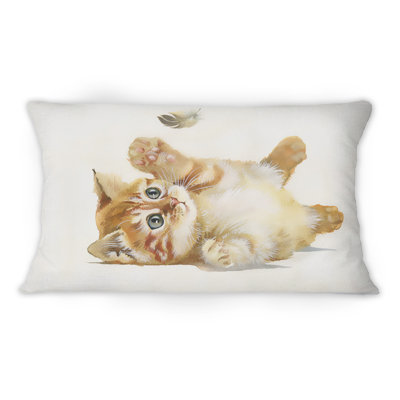 Design Art Little Orange Kitten With Feather -1 Traditional Printed Throw Pillow