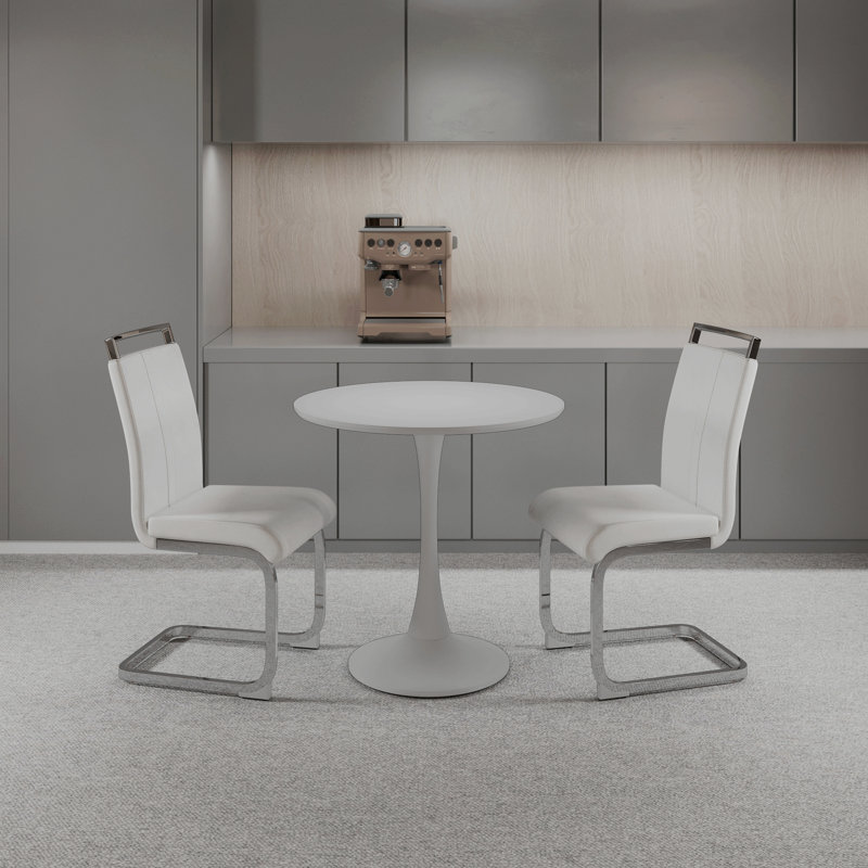 Table de salle à manger circulaire, table de salle à manger, table de salle à manger pour 2 à 4 personnes, plateau et base en panneau de fibres à densité moyenne et 2 chaises de salle à manger en métal plaqué en polyuréthane