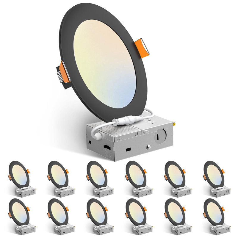 Paquet de 12 plafonniers encastrés à DEL intégrés ultra-minces de 6 pouces et 5 cct avec boîte de jonction, 1050 lm, à intensité variable, 12 W, ETL