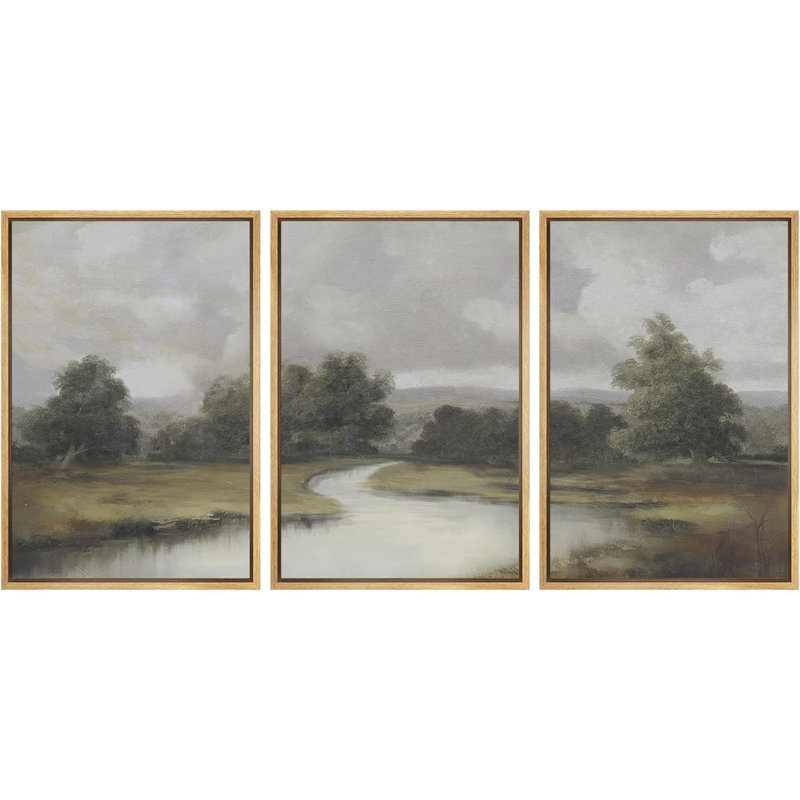 Natural Forest River Landscape Framed On Canvas 3 Pieces Print, Natural, 36" H x 24" W x 1.5" D