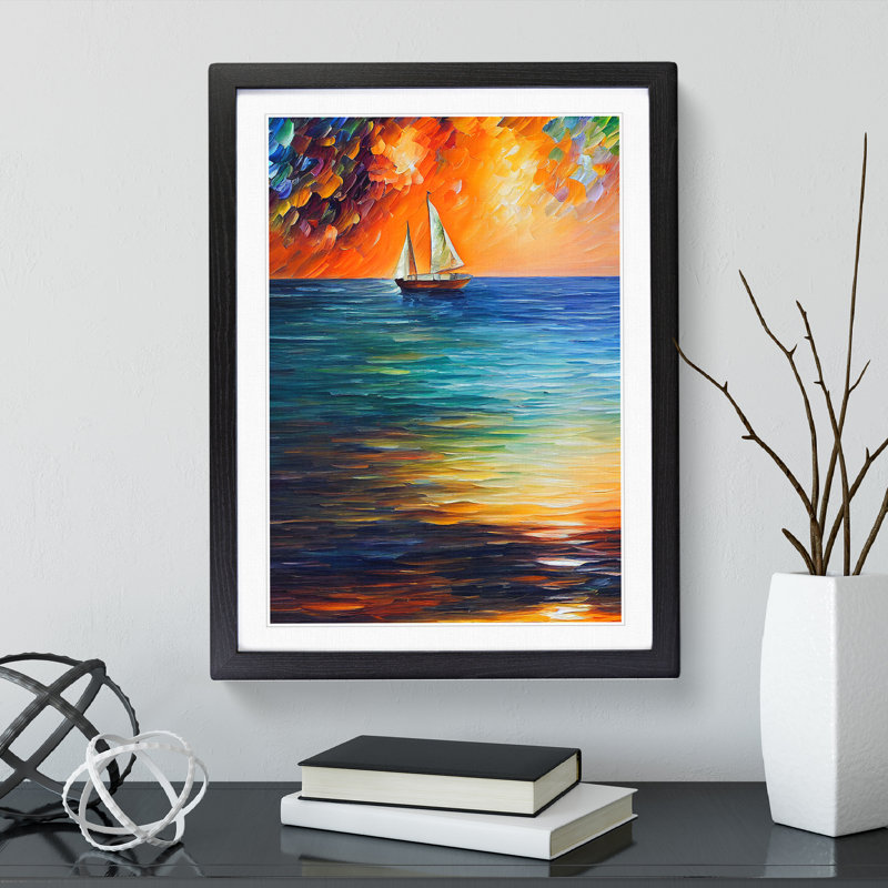 Boat At Sunset No.1 - Painting, 48cm H x 36cm W, Black Framed, White