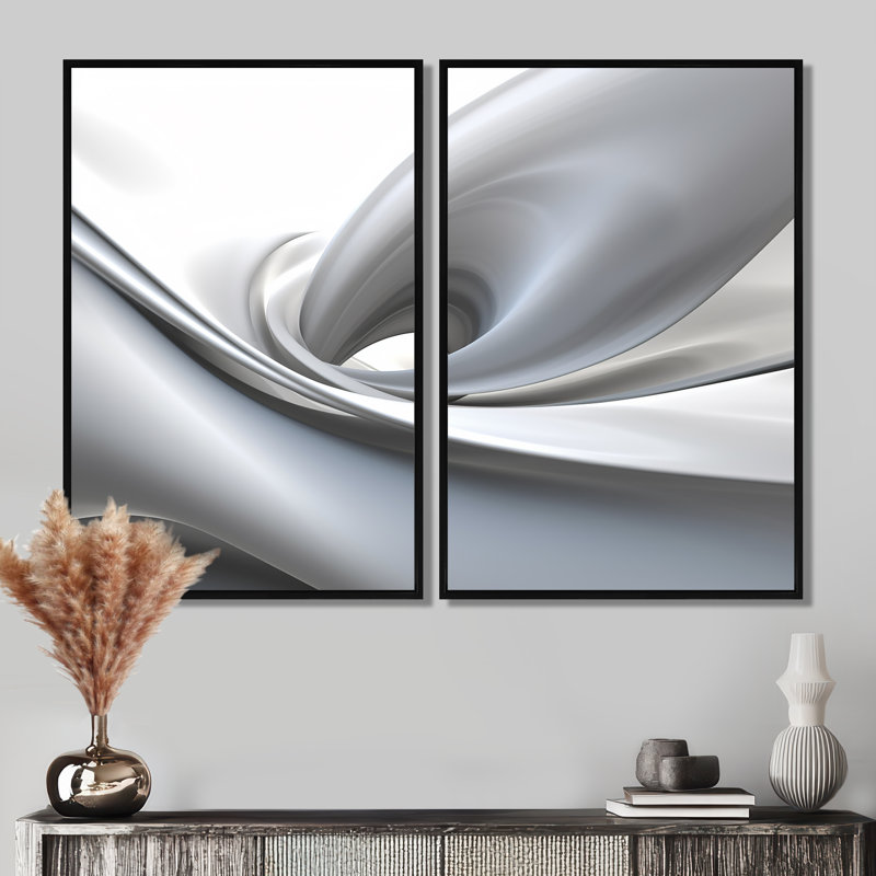 Abstrait contemplatif blanc gris - art abstrait de grandes vagues modernes, 36" H x 48" W, Impression encadrée flottante