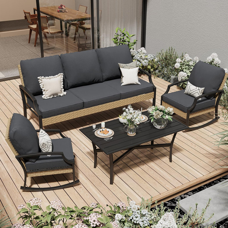 Outdoor Patio Furniture Set With Rocking Chair, 4 Piece Rattan Conversation Bistro Set, Dark Grey
