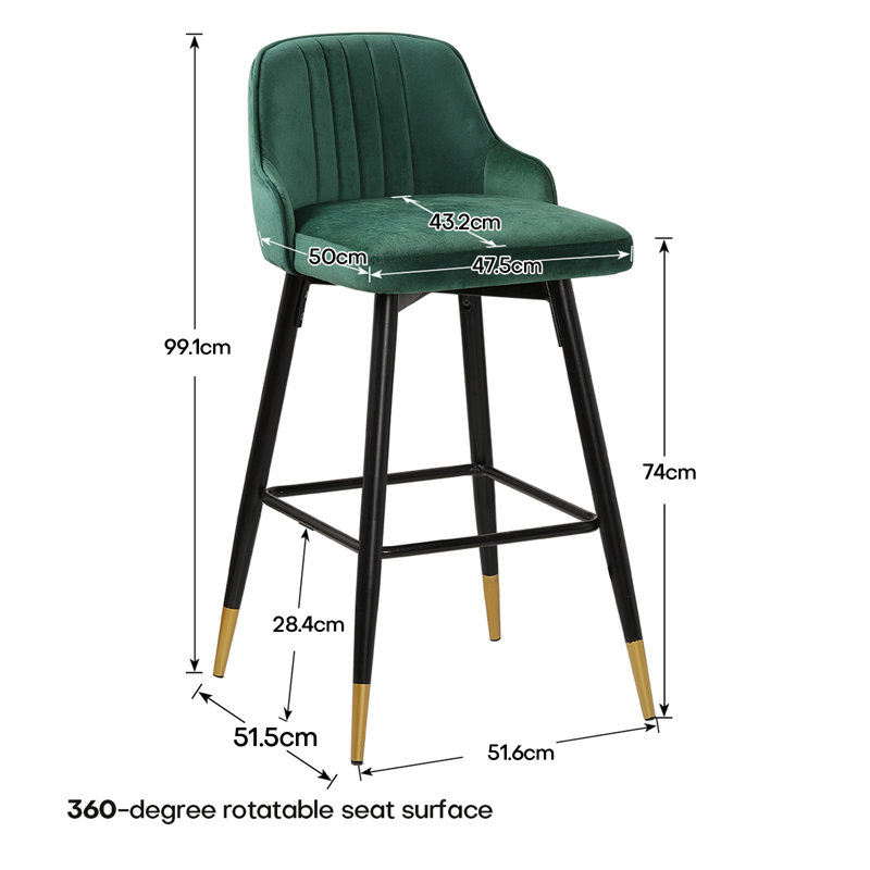 Swivel Velvet Upholstered Counter & Bar Stool With Solid Metal Frame, Bar Stool (74cm Seat Height), Green