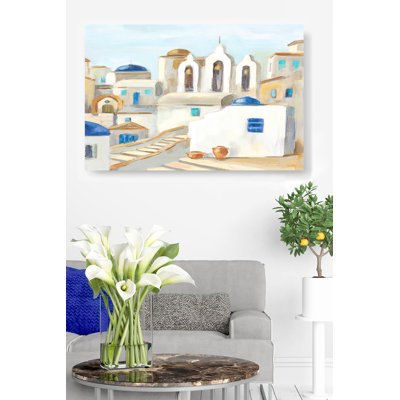 Santorin III, vue peinte, scène de rue, Grèce, européen, méditerranéen, blanc, bleu, cobalt, bleu sarcelle, orange, brun clair, cyan, crème