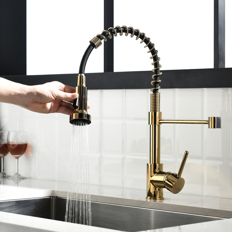 Single Lever Black And Gold Kitchen Sink Faucet With Pull Down - Brass Material, Spot Treatment, Simple Installation Process In Construction For Reliability, Smooth Water Flow, Easy Kit