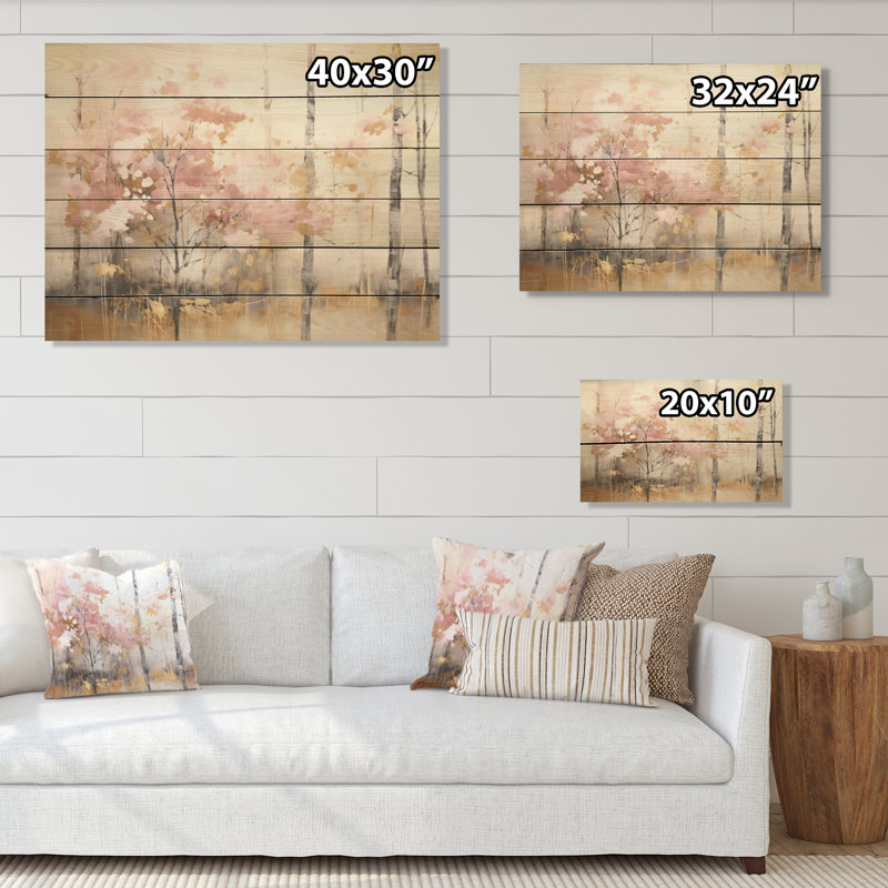 Minimalism Pink And Gold Forest - Forest Wood Wall Art On Natural Pine Wood, 24" H x 32" W