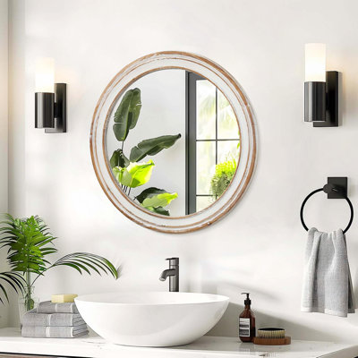 Round Wall Mirror For Bathroom Vanity, Wooden Farmhouse Circle Mirrors For Bedroom, Entryway, Living Room, Kithen Whitewash Edge Decorative Mirror For Home, Office