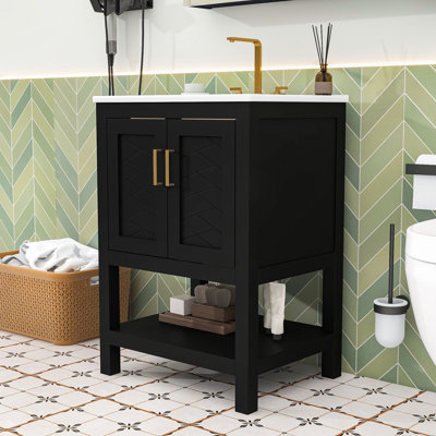 Meuble-lavabo de salle de bain avec lavabo en céramique, portes à fermeture douce, tablette intérieure réglable et tablette inférieure