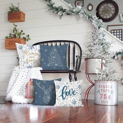Coussins décoratifs 18 x 18 pouces Home Sweet Home flocon de neige arbre de Noël cerf bleu gris