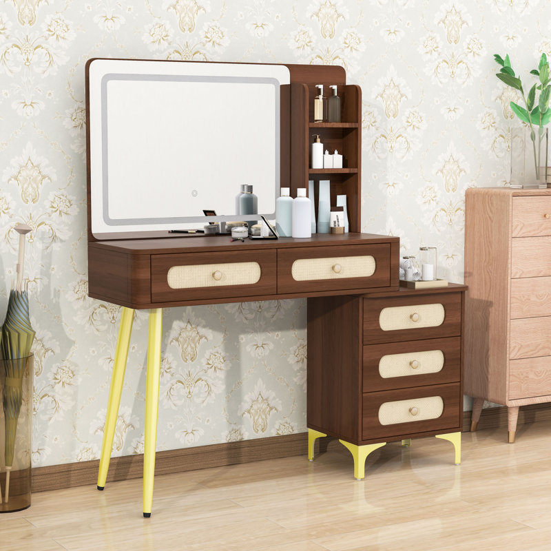 Makeup Vanity with Mirror, Lights, 5 Drawers and Storage Shelf, Dark Walnut