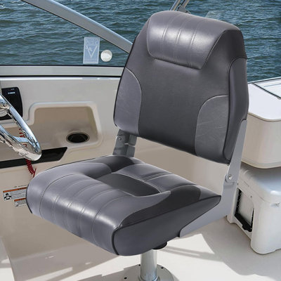 Set of 2 Folding Low Back Boat Seats, Thick Padded Weatherproof PVC Captain Chairs, Universal 5x5 Inch Bolt Design for Guardian, Speed Boats, Bass Track, Black+Gray