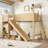 Full Loft Bed with Storage Shelves and Wardrobe, Solid Wood Loft Beds with Detachable Slide and Ladders, No Spring Box Needed, Beige-2023270913-2023270916