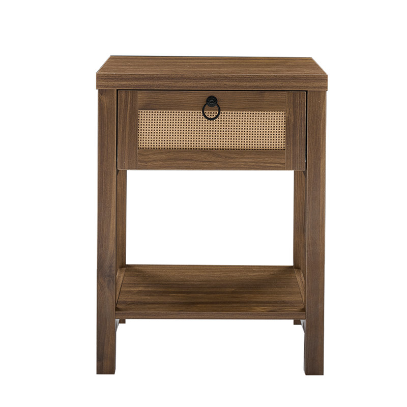 Rattan Nightstand With Drawer And Open Shelf, Boho Bedside Table, Cane Side Table For Bedroom & Living Room, Walnut, Walnut