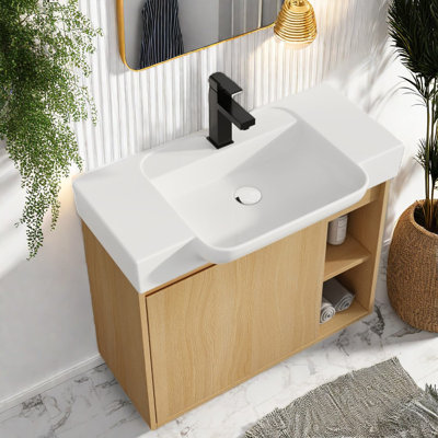 Meuble-lavabo mural compact avec lavabo compact, finition chêne clair moderne