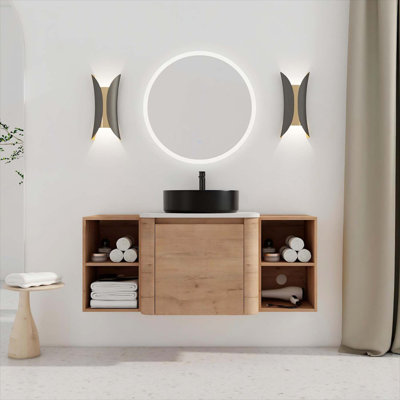 Meuble-lavabo mural 48 po avec lavabo d'art en céramique, deux tablettes de rangement et porte à fermeture en douceur pour salle de bain moderne