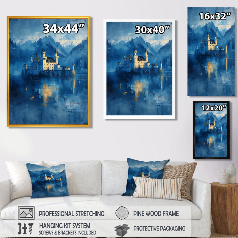 «Blue Winter Dracula Castle of Vampire», impression d'art mural châteaux, Toile encadrée flottée blanche