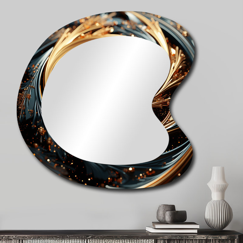 Rothley Gold and green hypnotic abstract spiral  II - Abstract Spirals Asymmetrical Decorative Mirror, Modern Freeform Wall Mirror, Printed Metal Art