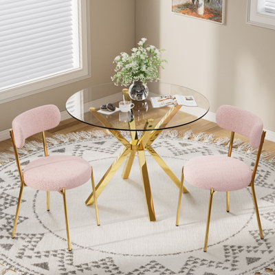36in Round Glass Dining Table with Rice-Pattern Legs & 2/4 Teddy Fabric Chairs Set, Modern Ensemble for Dining