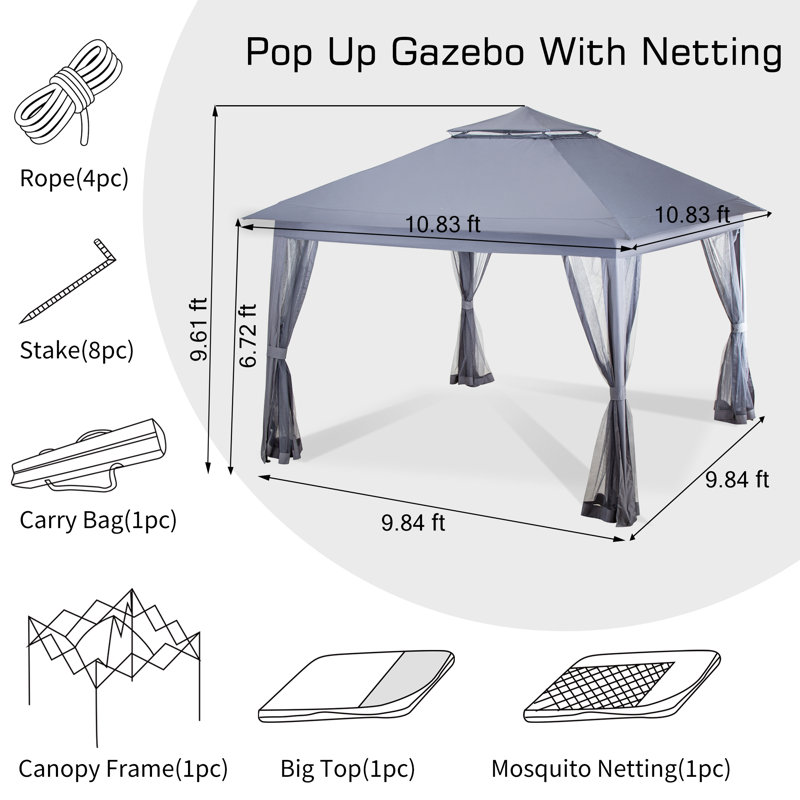 Dark Gray 11x11 Steel Patio Gazebo with Mesh Walls